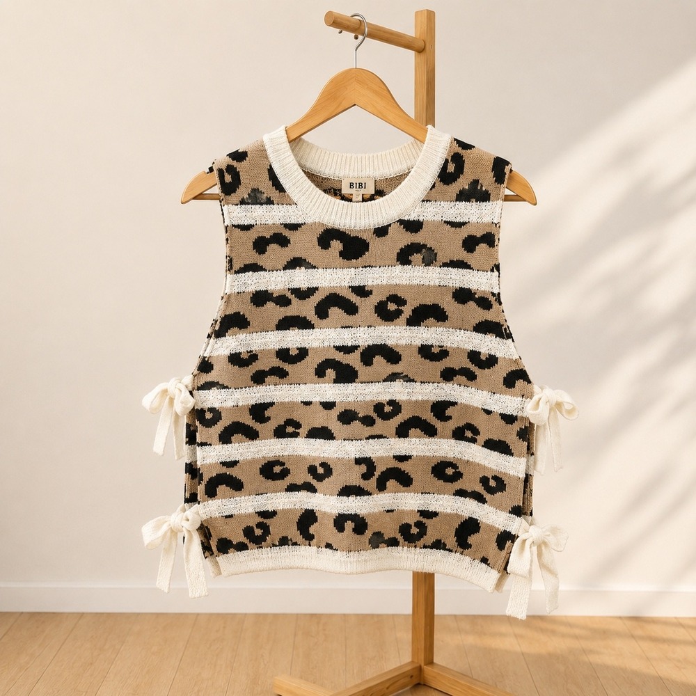 BIBI Leopard Print Striped Knit Sweater Vest Side Tie Cream Tan Black IT3515-07